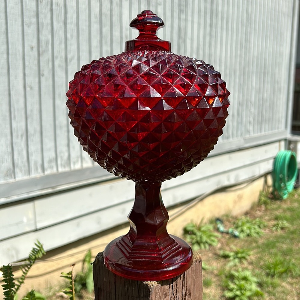 Vintage Westmoreland Ruby Red Glass Sawtooth Pattern Covered Compote GLOWS - Picture 2 of 14